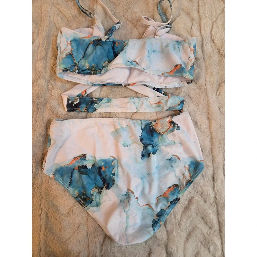 Girls Blue Marble Print Crossover Bikini Set High Waisted Swimsuit Size 9-10Y